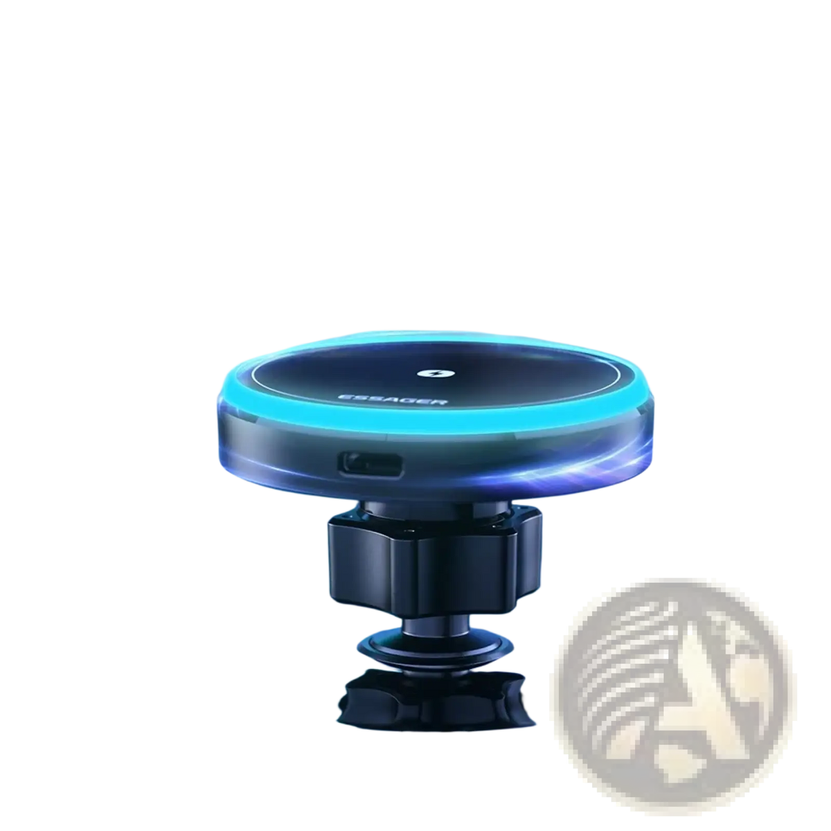 Essager 15w magnetic wireless car charger mount with a glowing blue ring and black base for secure phone mounting