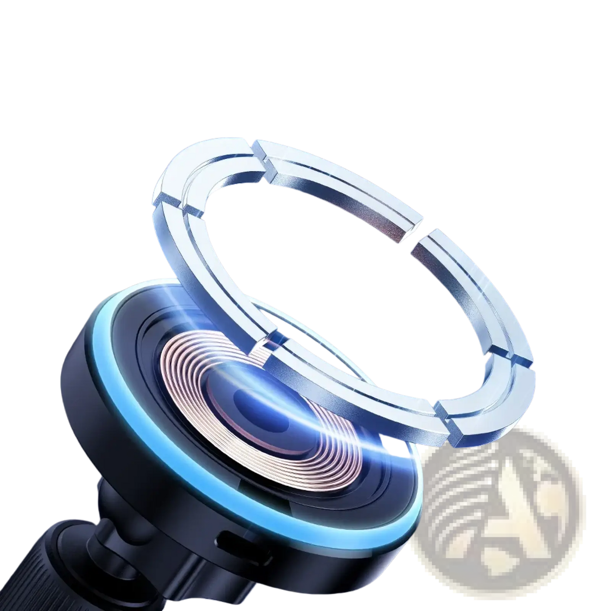 Essager 15w magnetic wireless car charger mount with sleek black and silver design and glowing blue accents around base