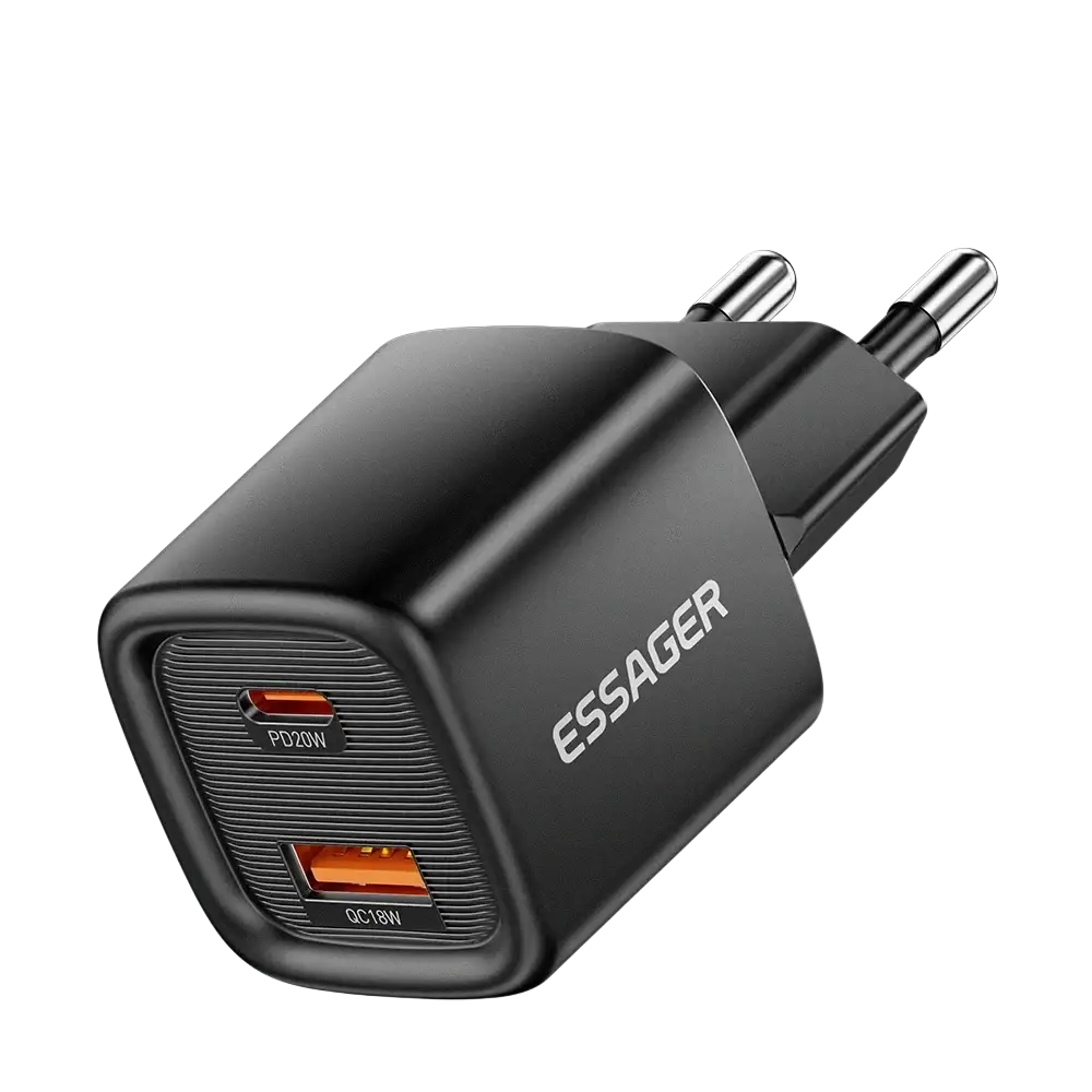 Black essager 20w usb c fast wall charger with eu plug and dual ports usb c and usb a for efficient charging