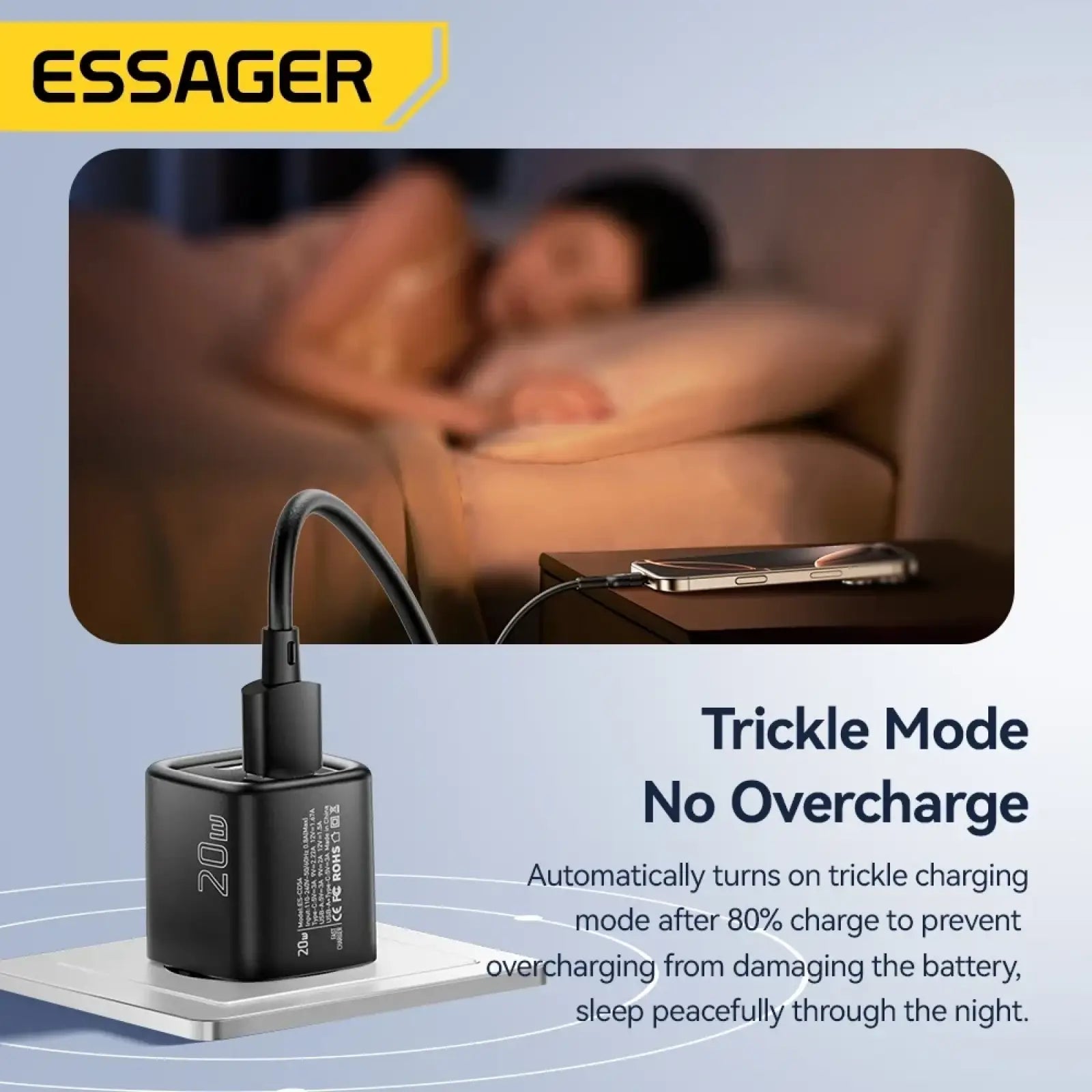Black essager 20w usb c fast wall charger with sleek compact cube design for efficient device charging