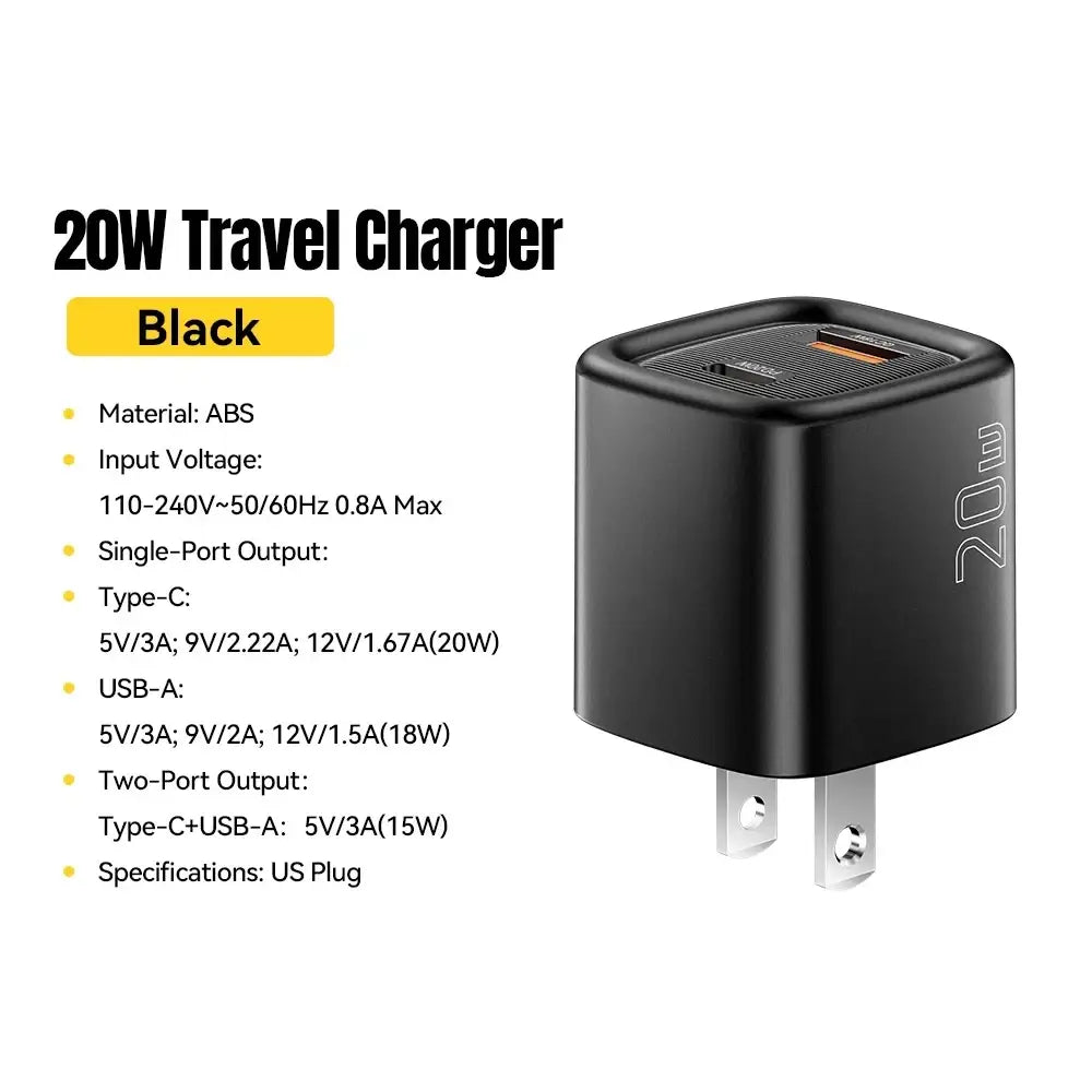 Essager 20w usb c fast wall charger black abs plastic travel charger with us plug and multiple usb ports