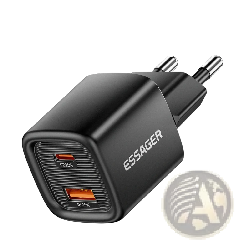 Black essager 20w usb c fast wall charger with eu plug and dual ports usb c and usb a for efficient charging