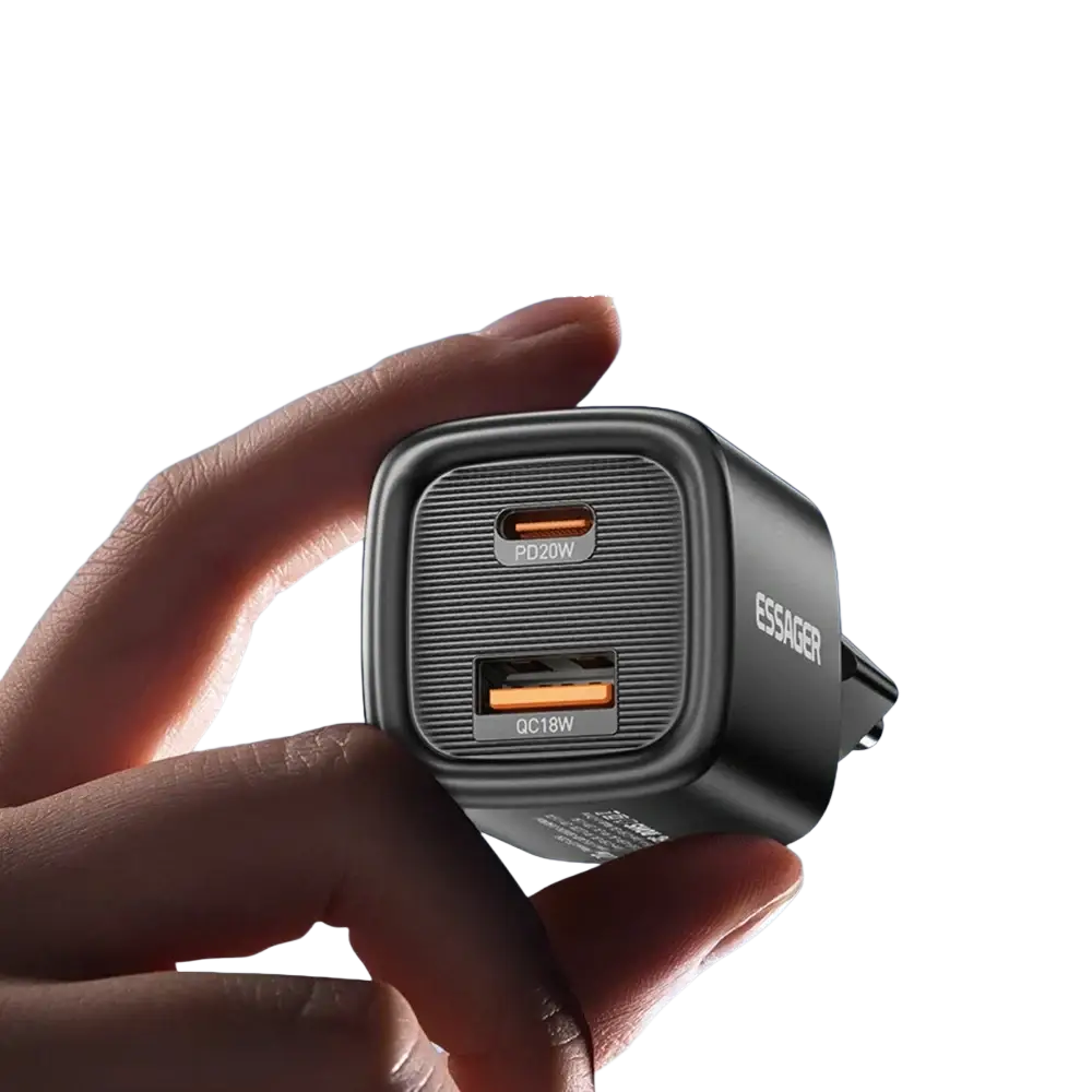 Black essager 20w usb c fast wall charger with two usb ports labeled pd20w and qc18w on the back side