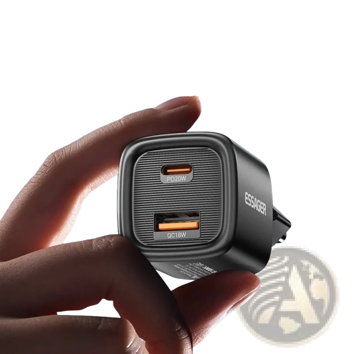 Black essager 20w usb c fast wall charger with two usb ports labeled pd20w and qc18w on the back side