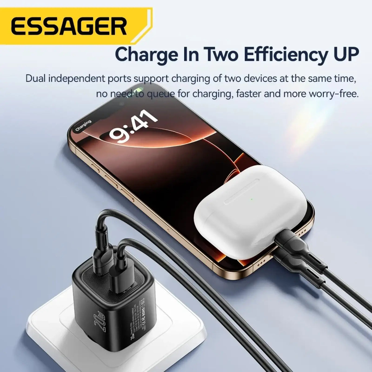 Essager 20w usb c fast wall charger black square with dual ports and white base for efficient charging