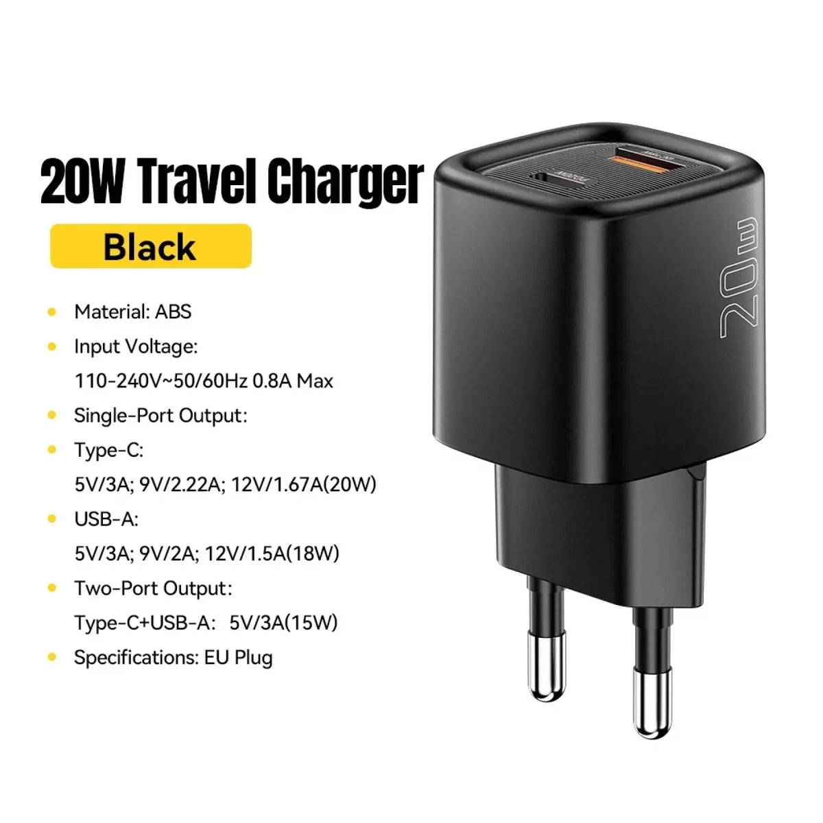 Black essager 20w usb c fast wall charger with eu plug and dual usb ports for efficient travel charging