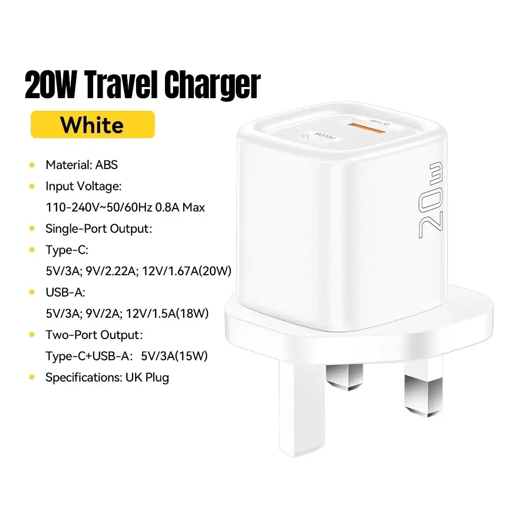 Essager 20w usb c fast wall charger white abs travel charger with uk plug and dual usb ports
