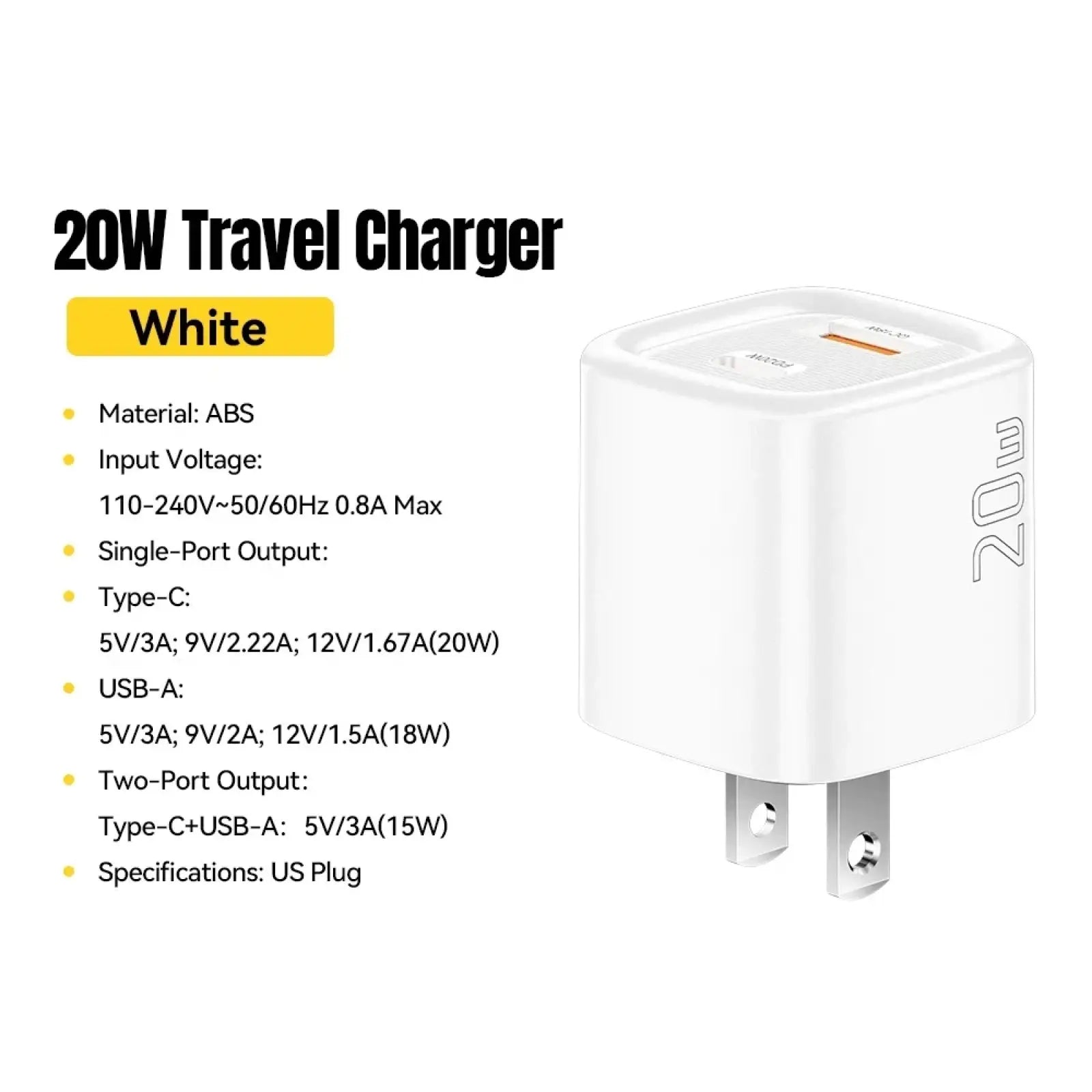Essager 20w usb c fast wall charger white abs plastic compact cube design with dual usb ports for travel use