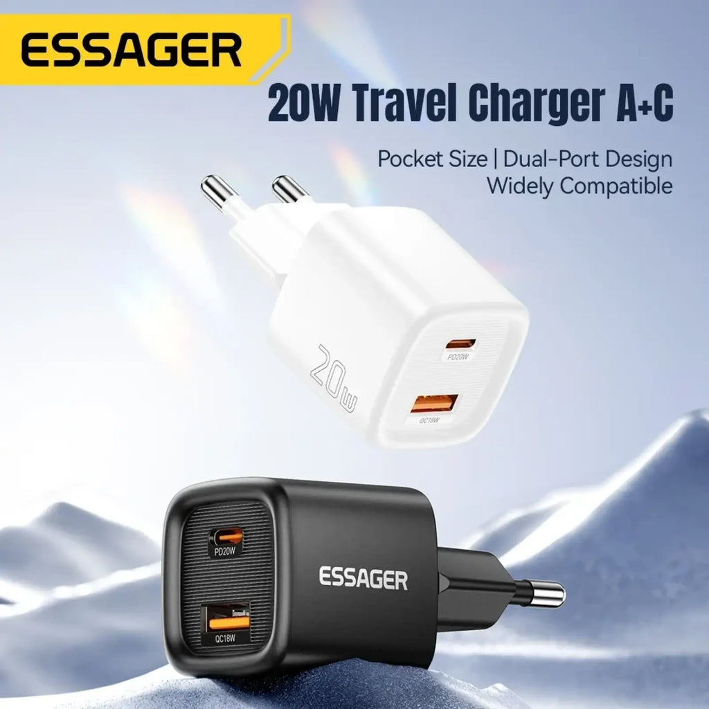 Essager 20w usb c fast wall charger in white and black with dual usb ports for worldwide travel compatibility