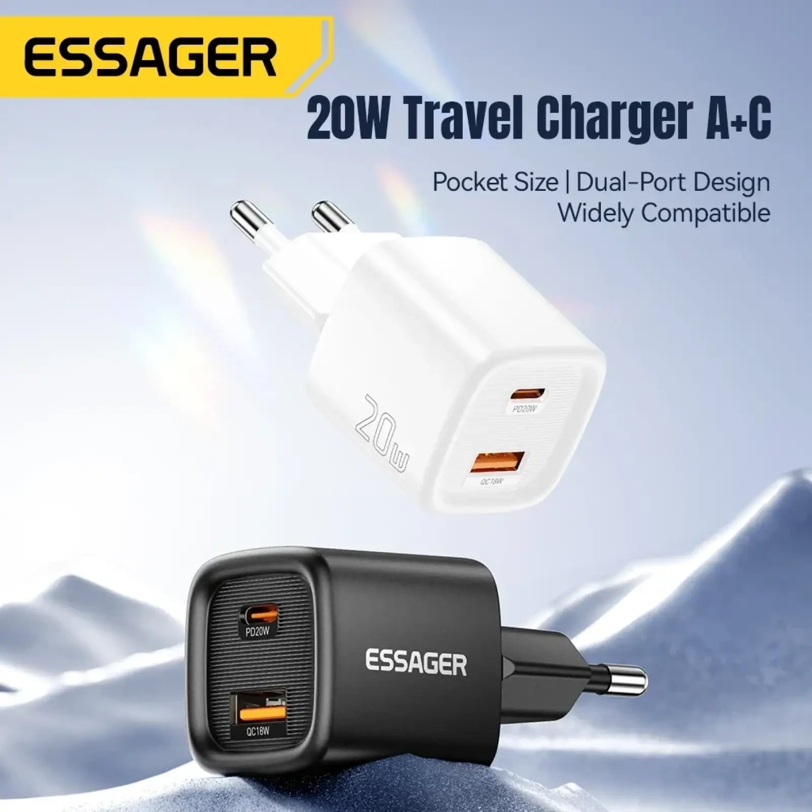 Essager 20w usb c fast wall charger in white and black with dual usb ports for worldwide travel compatibility