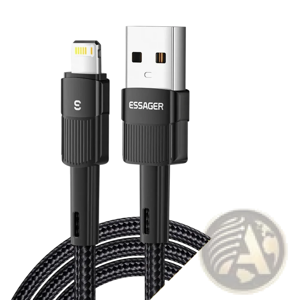 Essager black braided usb-c to lightning cable with textured grip and metallic connectors for fast iphone charging 2.4a