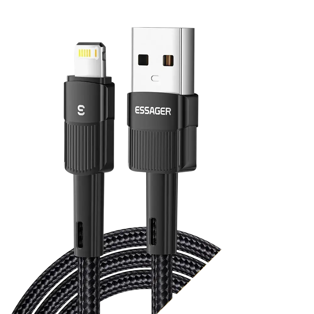 Essager black braided usb-c to lightning cable with textured grip and metallic connectors for fast iphone charging 2.4a