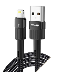 Essager black braided usb-c to lightning cable with textured grip and metallic connectors for fast iphone charging 2.4a