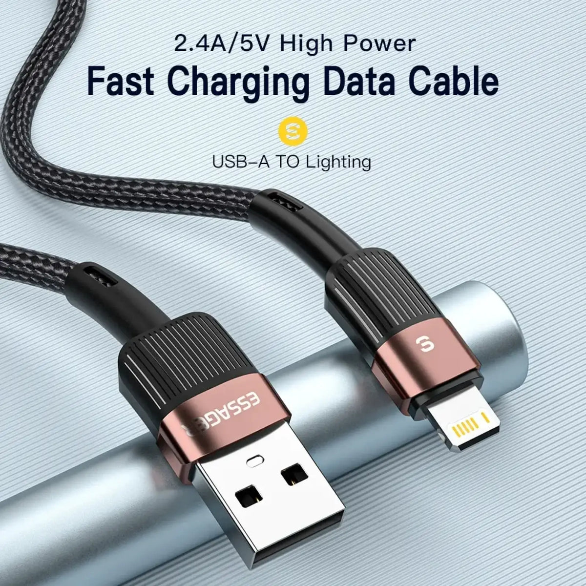 Essager iPhone fast charging cable 2.4a black braided usb-a to lightning with rose gold and black connectors