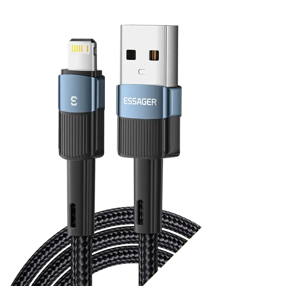 Blue braided usb-c to lightning fast charging cable with sleek black metallic finish by essager for iphone