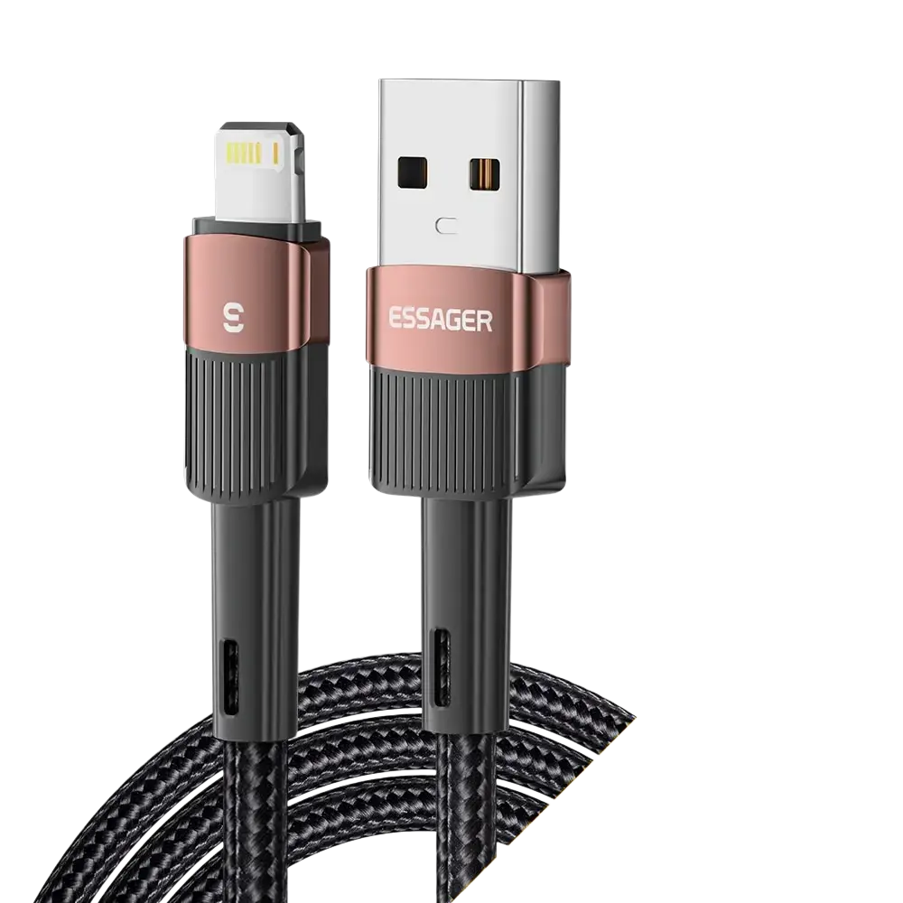 Brown braided usb-to-lightning cable with rose gold and black connectors for fast charging by Essager