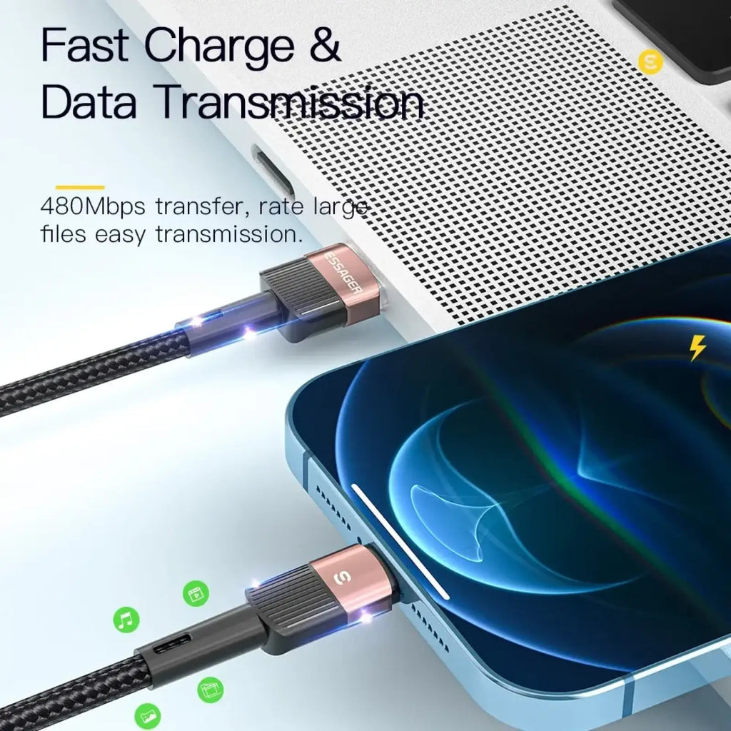 A sleek black braided usb-c to usb-c cable with rose gold connectors by Essager for fast charging and data transmission