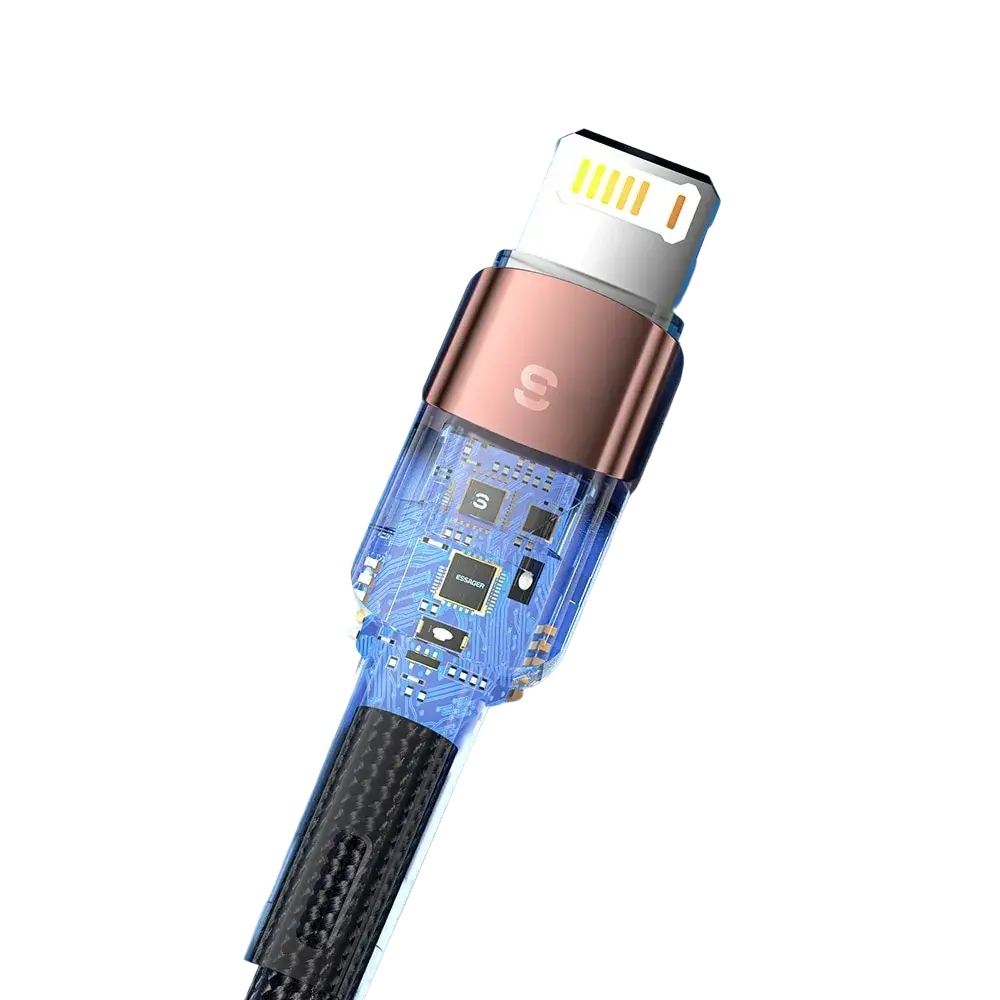 Essager iphone fast charging cable 2.4a with sleek transparent design, rose gold connector, and visible chip protection circuitry