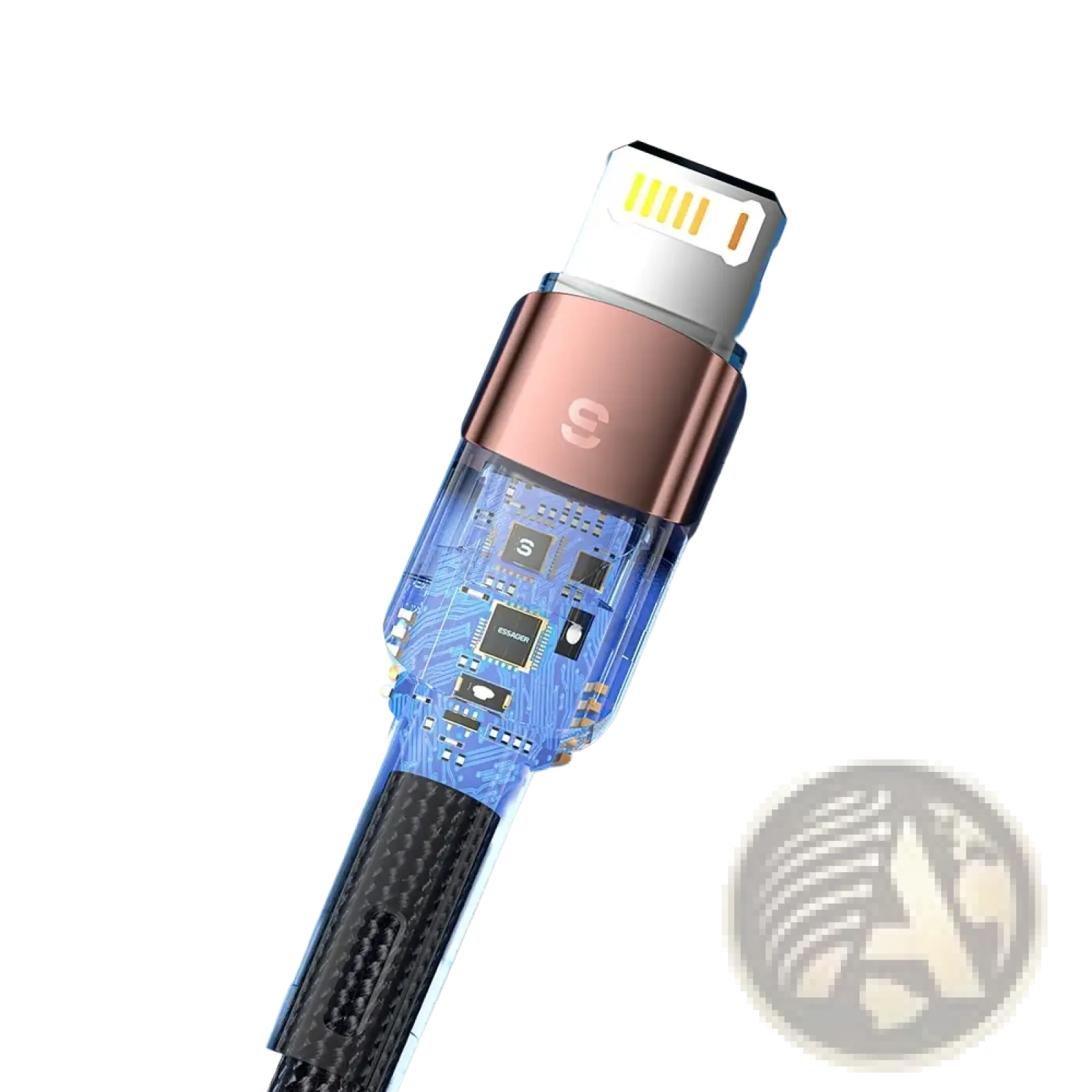 Essager iphone fast charging cable 2.4a with sleek transparent design, rose gold connector, and visible chip protection circuitry
