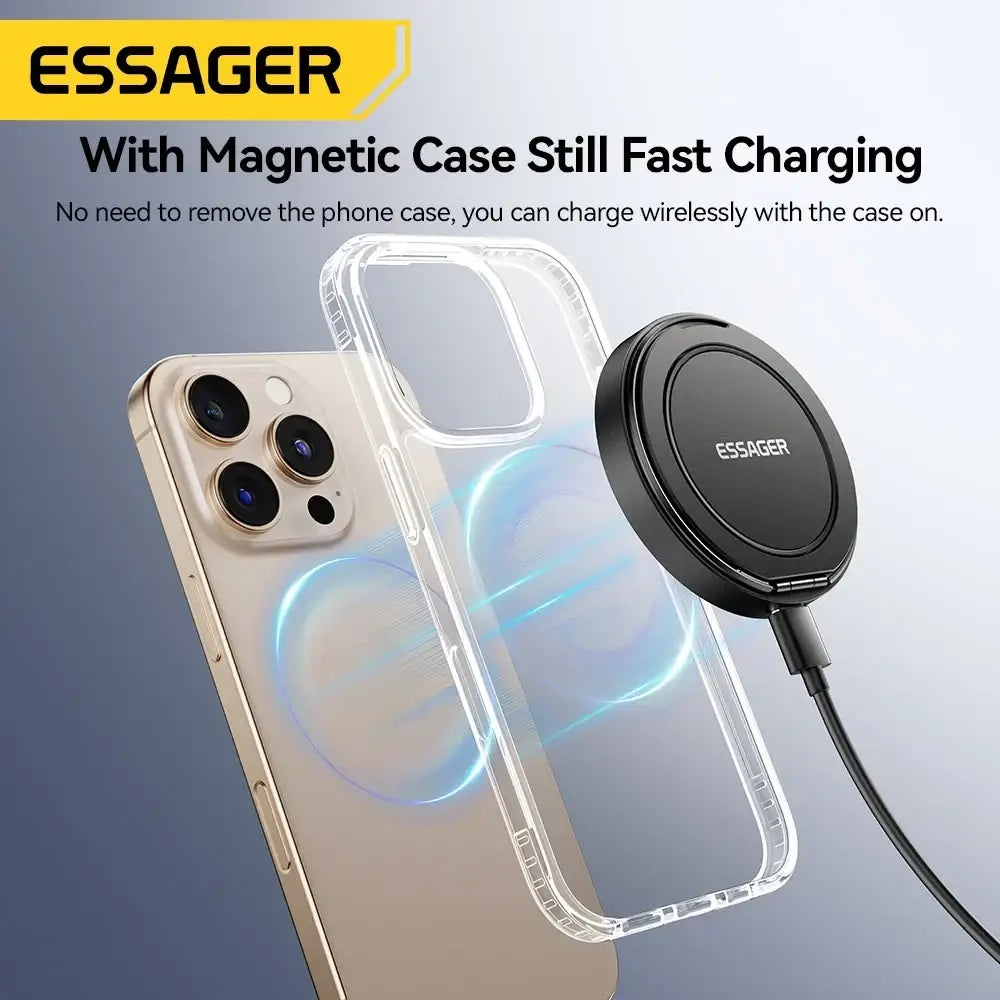Essager magnetic 15w wireless charger stand with sleek black circular design and attached charging cable