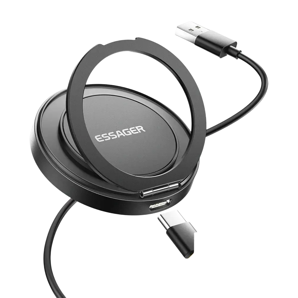 Black essager magnetic 15w wireless charger stand with retractable usb-c cable for phone and earphones charging