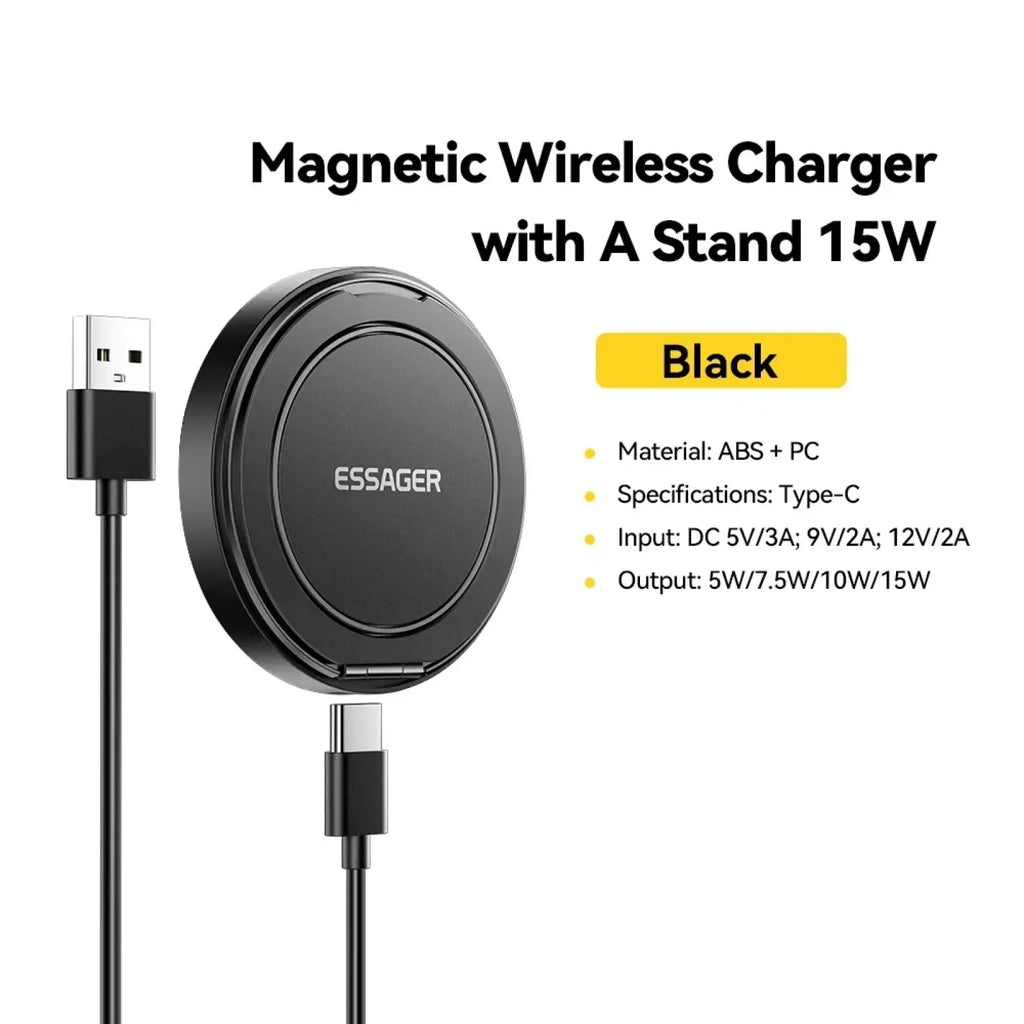Essager magnetic 15w black circular wireless charger stand made of abs and pc material with magnetic feature