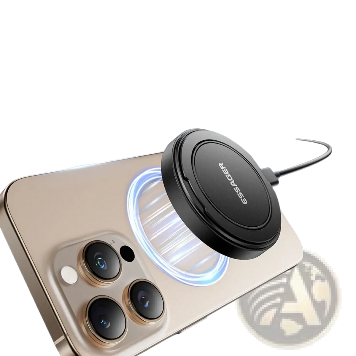 Black circular essager magnetic wireless charger stand designed for 15w fast charging with sleek finish