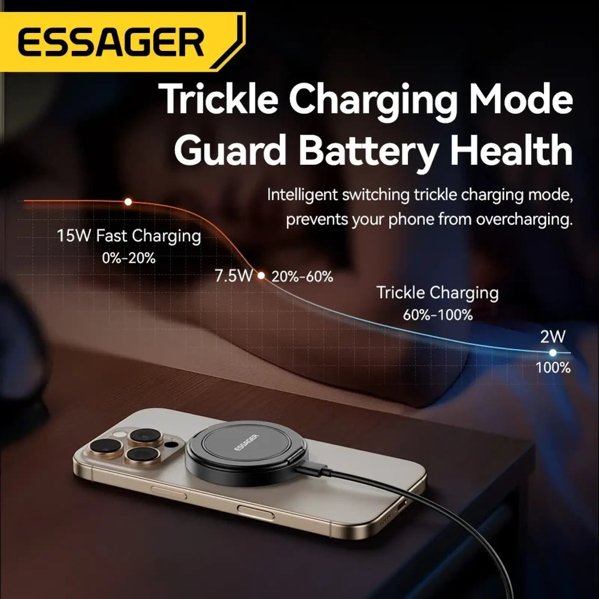 Black circular magnetic 15w wireless charger stand by essager attached to the back of a silver smartphone