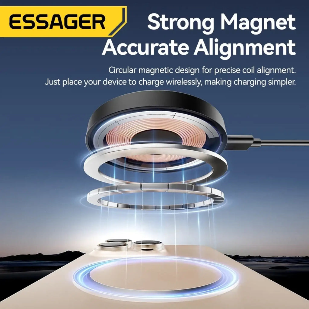 Essager magnetic 15w wireless charger stand with circular magnetic design and metallic rings for coil alignment