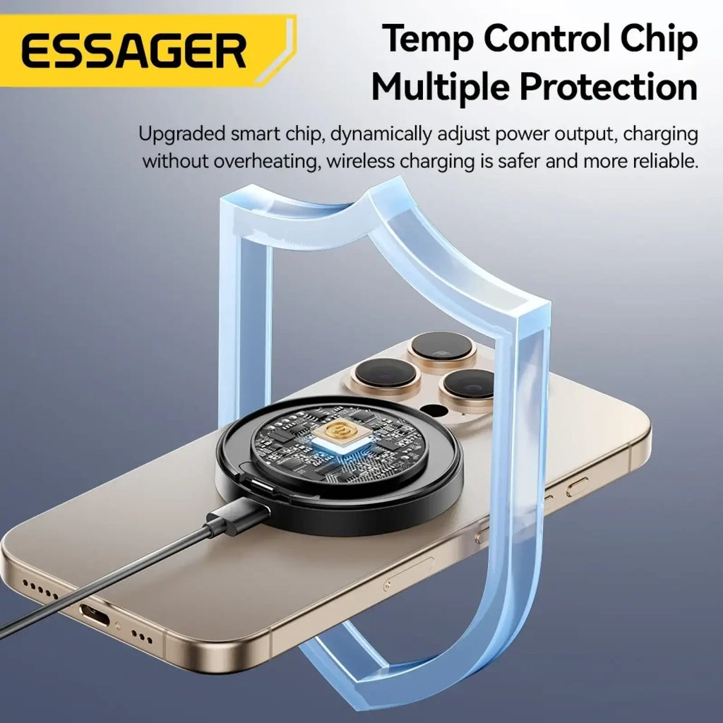 Essager magnetic 15w wireless charger stand with black circular base and transparent blue protective frame for secure phone attachment