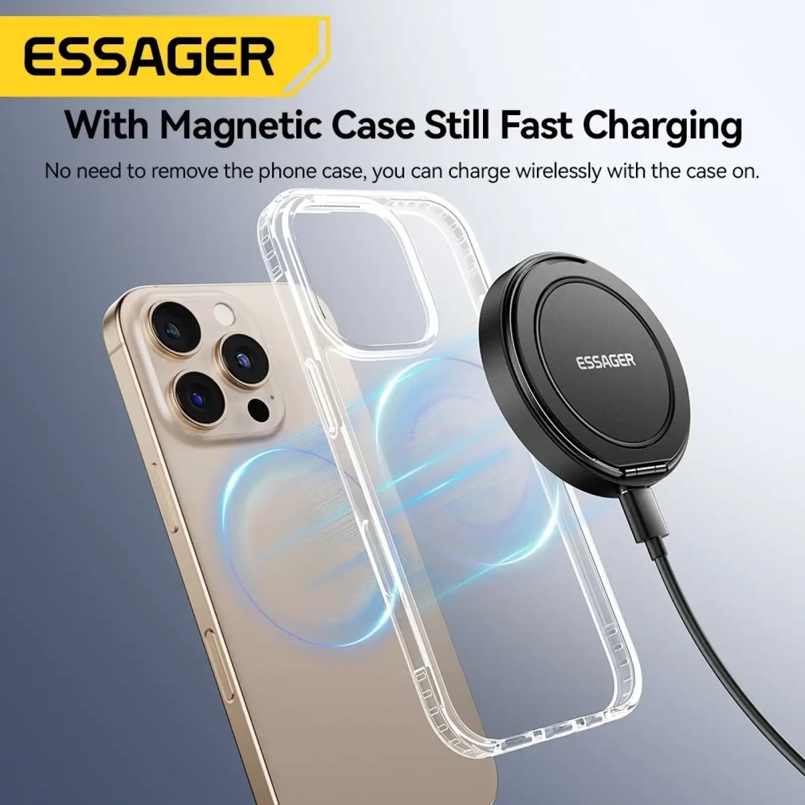 Essager magnetic 15w wireless charger stand with sleek black circular design and attached charging cable