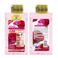 Pink rectangular bottle of victoria super colorful rose oil with gold cap labeled essential oil almond turmeric brightening body oil 100ml