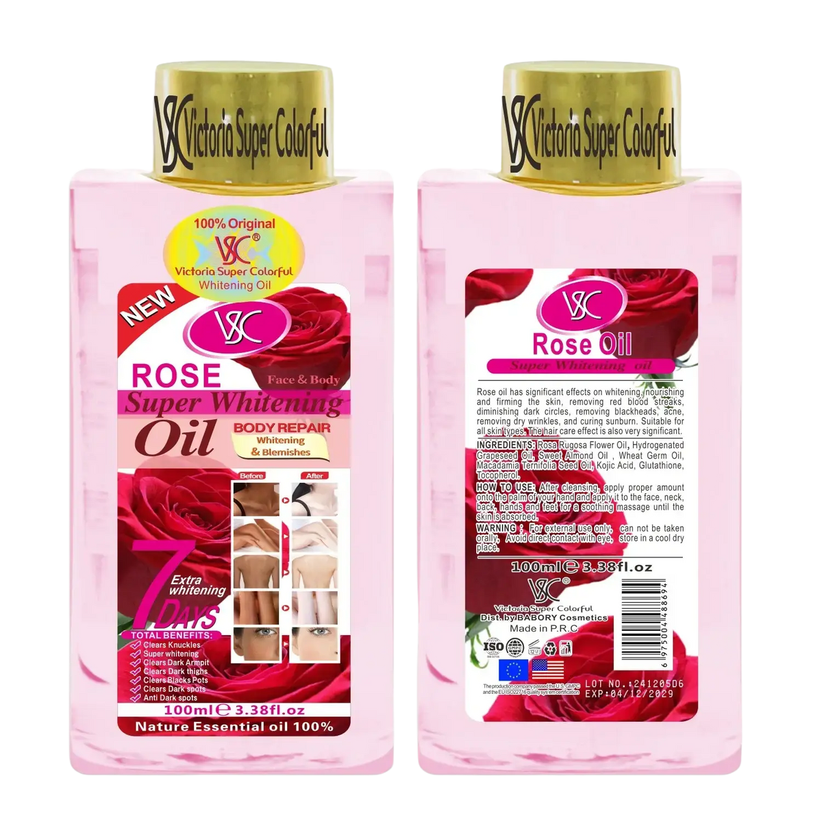 Pink rectangular bottle of victoria super colorful rose oil with gold cap labeled essential oil almond turmeric brightening body oil 100ml