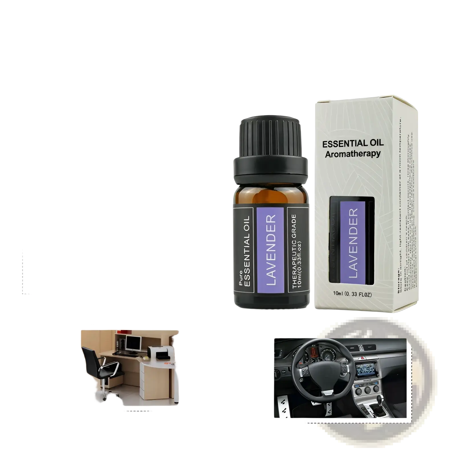 A 10ml amber glass bottle of lavender essential oil with a black ribbed cap and purple label next to its white box