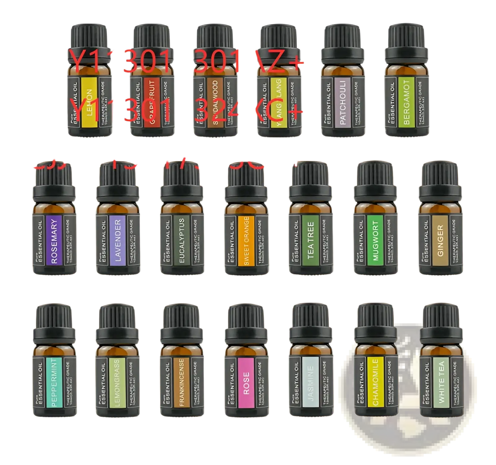 Set of amber glass essential oil bottles with black caps and colorful labels including doterra for aromatherapy use