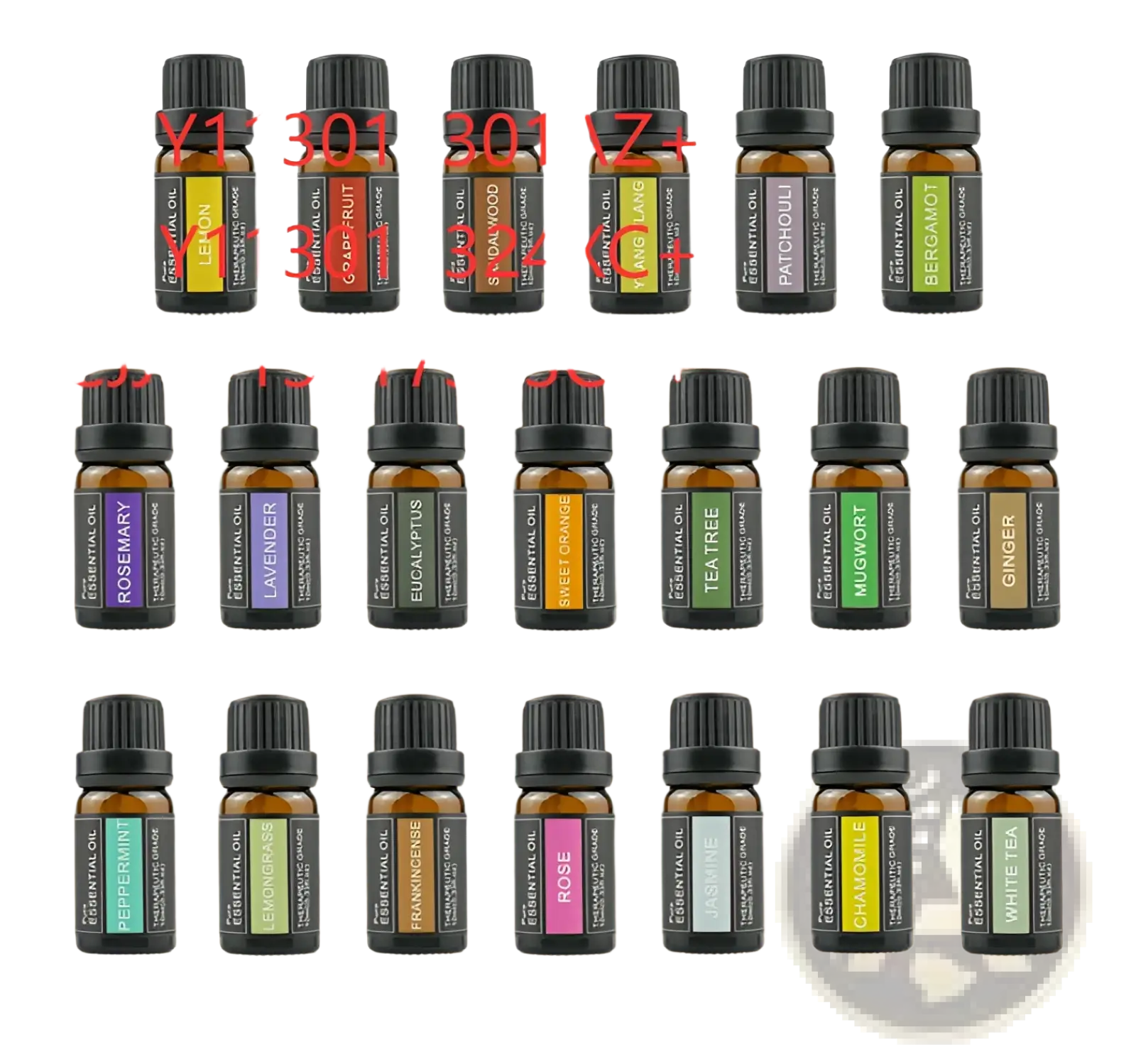 Set of amber glass essential oil bottles with black caps and colorful labels including doterra for aromatherapy use