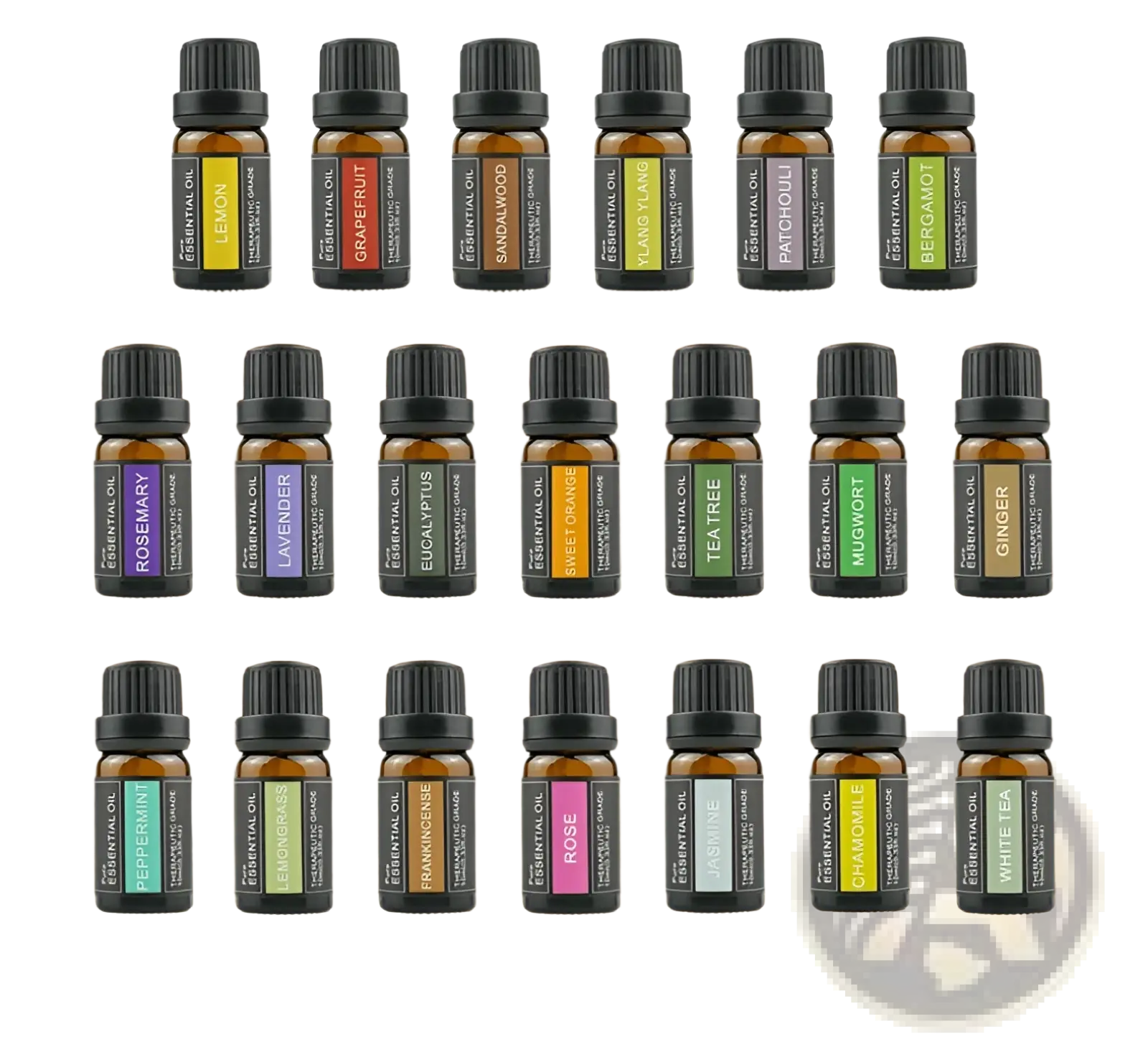 Set of essential oil aromatherapy bottles with black caps and colorful labels neatly arranged on wooden shelves