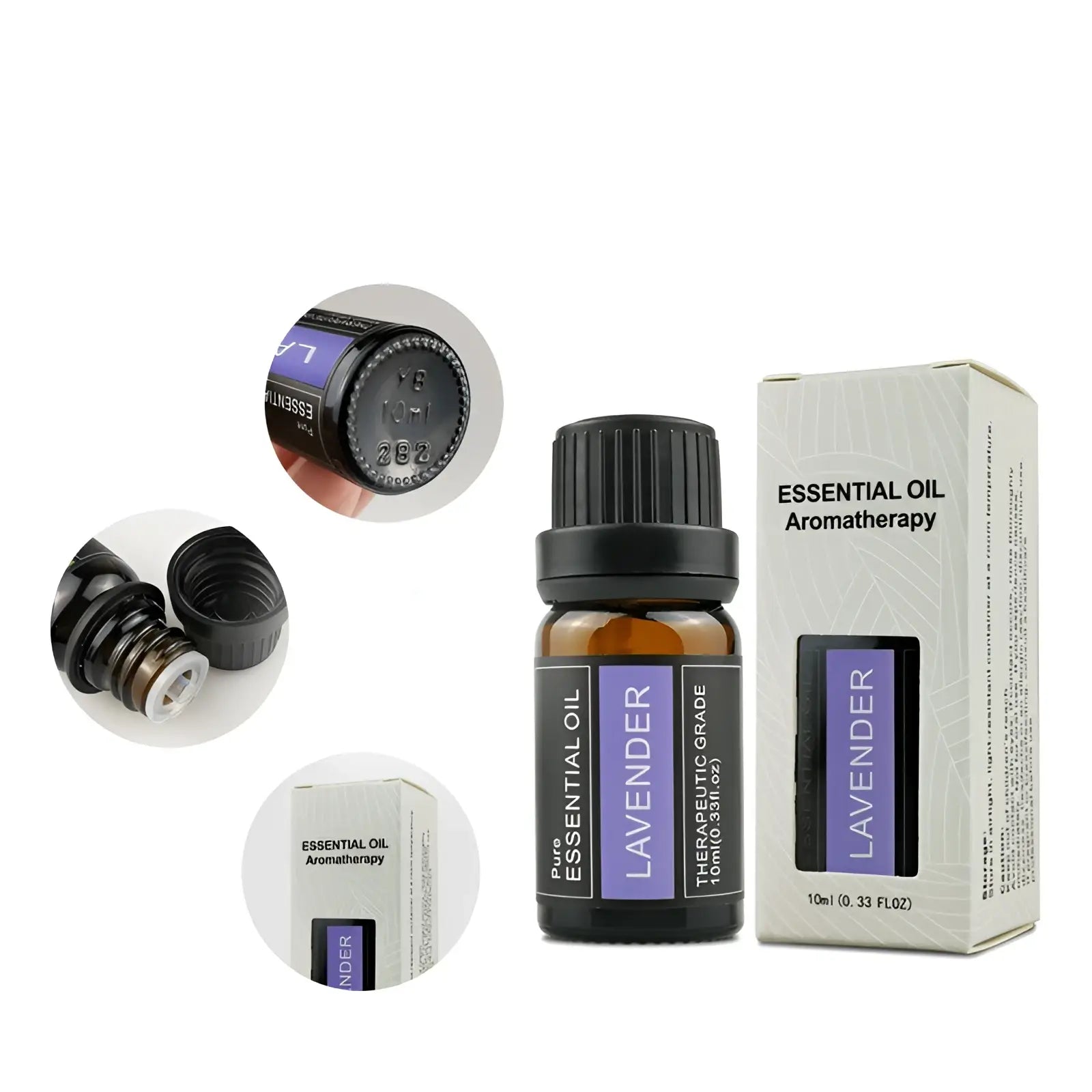 A 10ml amber glass bottle of doTERRA lavender essential oil with a black ribbed cap in an essential oil aromatherapy set