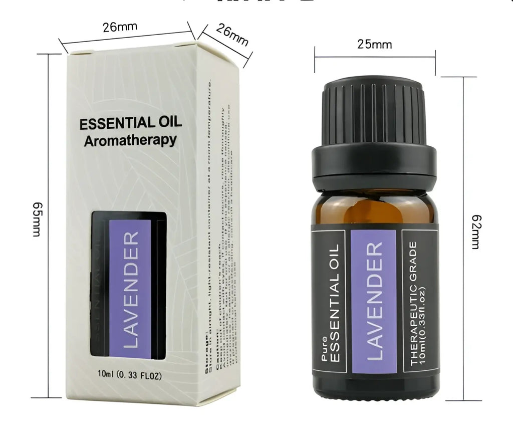Lavender essential oil in 10ml amber glass bottle with black cap and purple label in white essential oil aromatherapy box