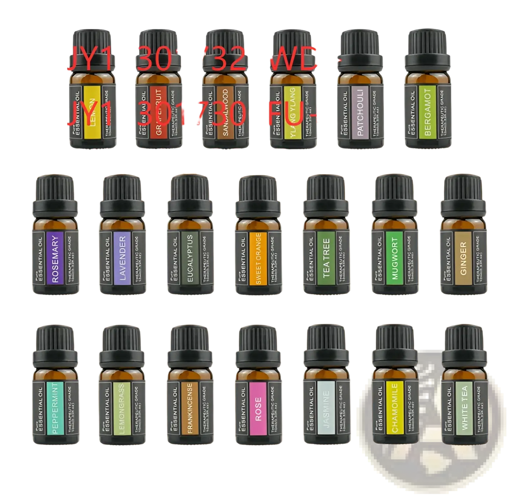 Set of twelve amber glass doterra essential oil bottles with black caps and colorful labels in a 10ml aromatherapy box