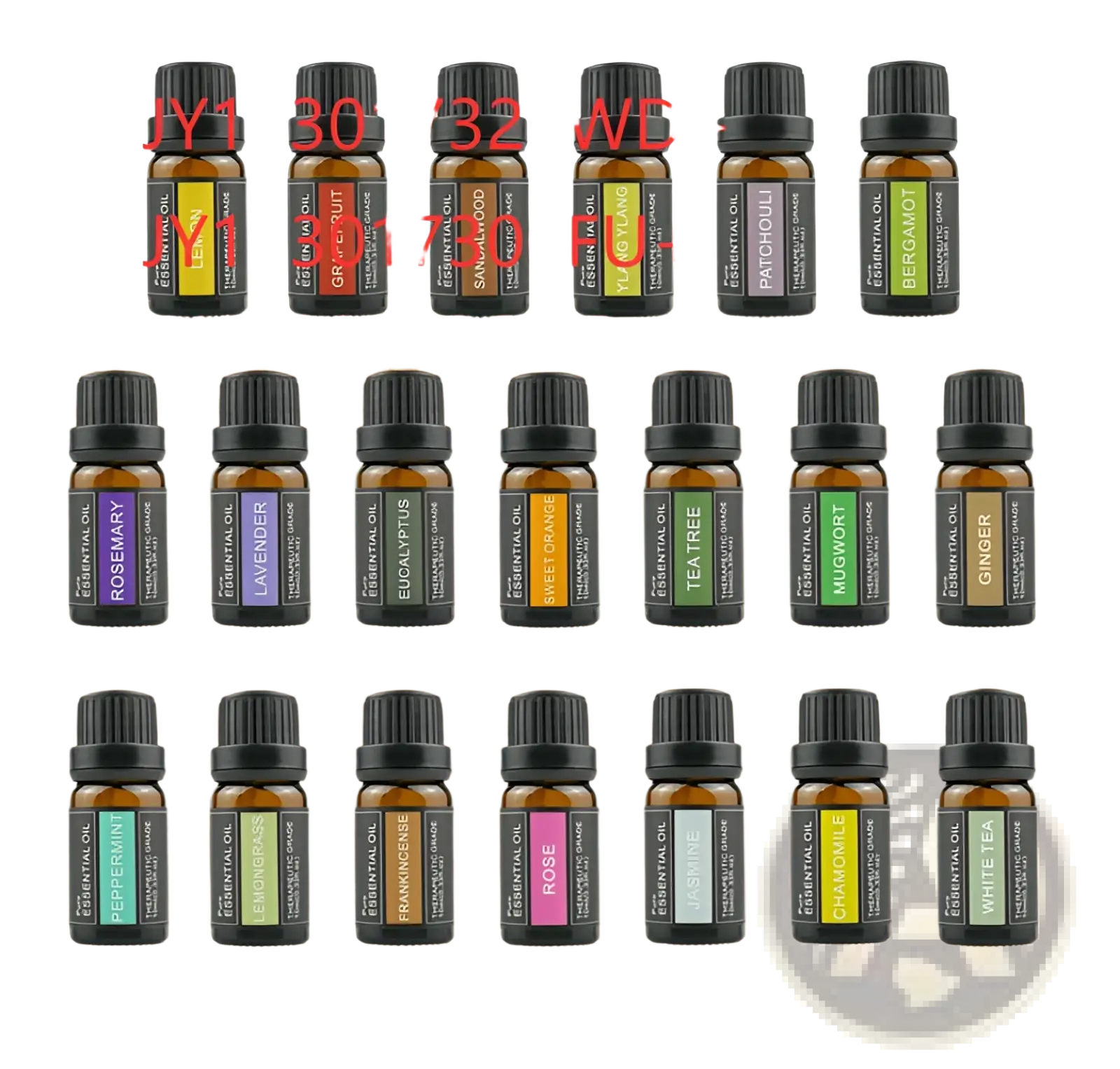 Set of twelve amber glass doterra essential oil bottles with black caps and colorful labels in a 10ml aromatherapy box