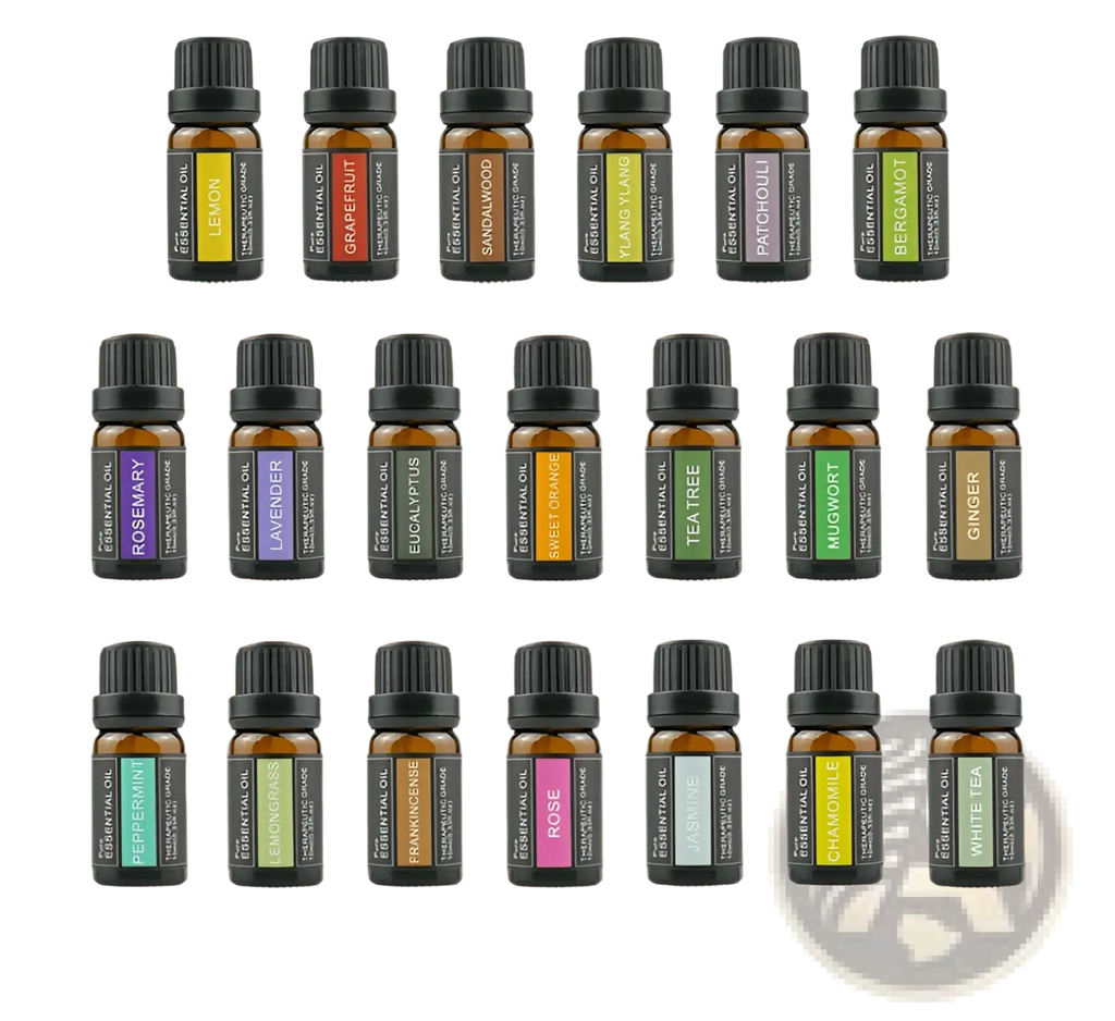 Set of essential oil aromatherapy bottles in amber glass with black caps and colorful labels on wooden shelves
