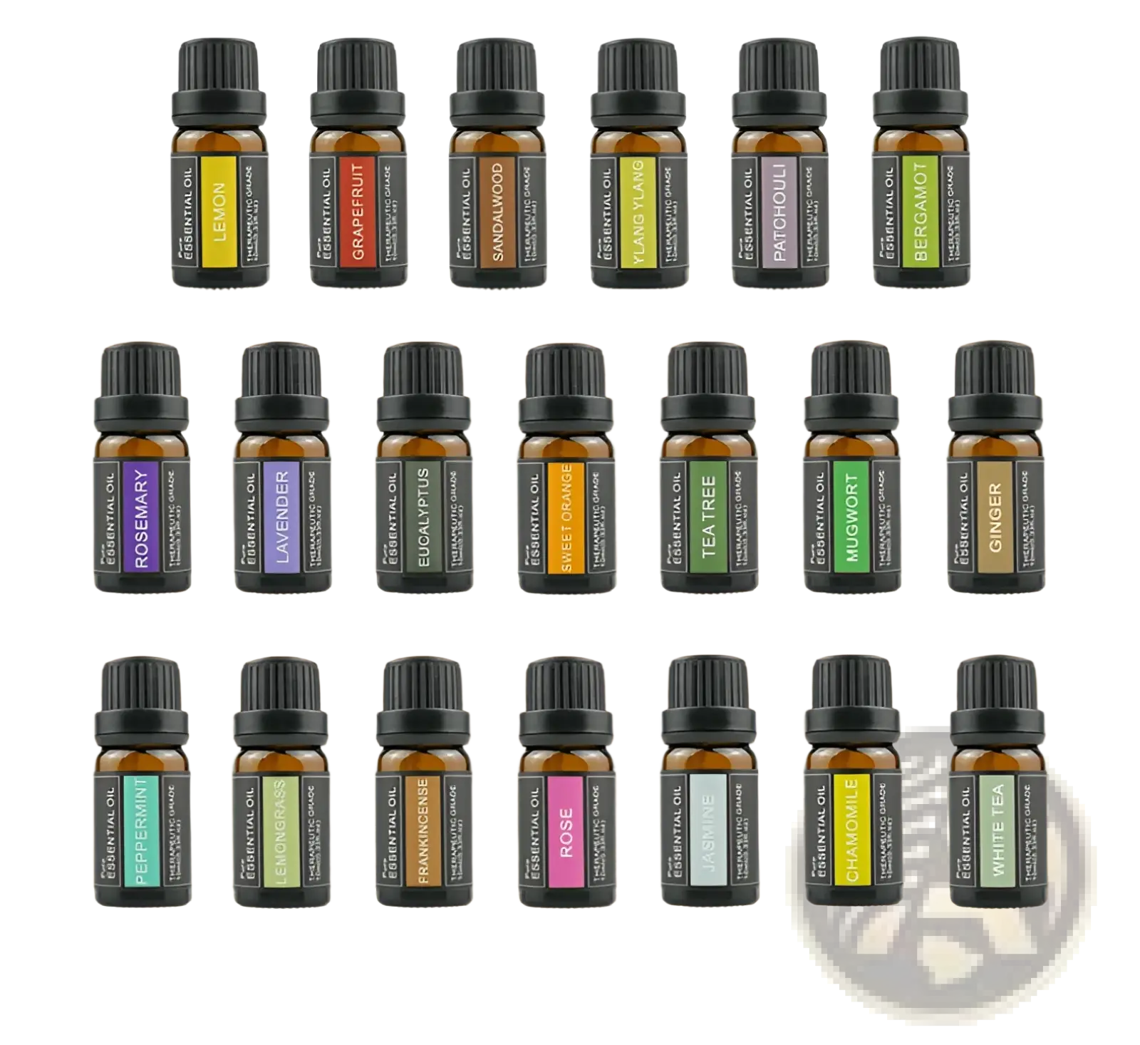 Set of essential oil aromatherapy bottles in amber glass with black caps and colorful labels on wooden shelves