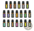 Set of essential oil bottles with black caps and colorful labels neatly arranged on wooden shelves for aromatherapy use