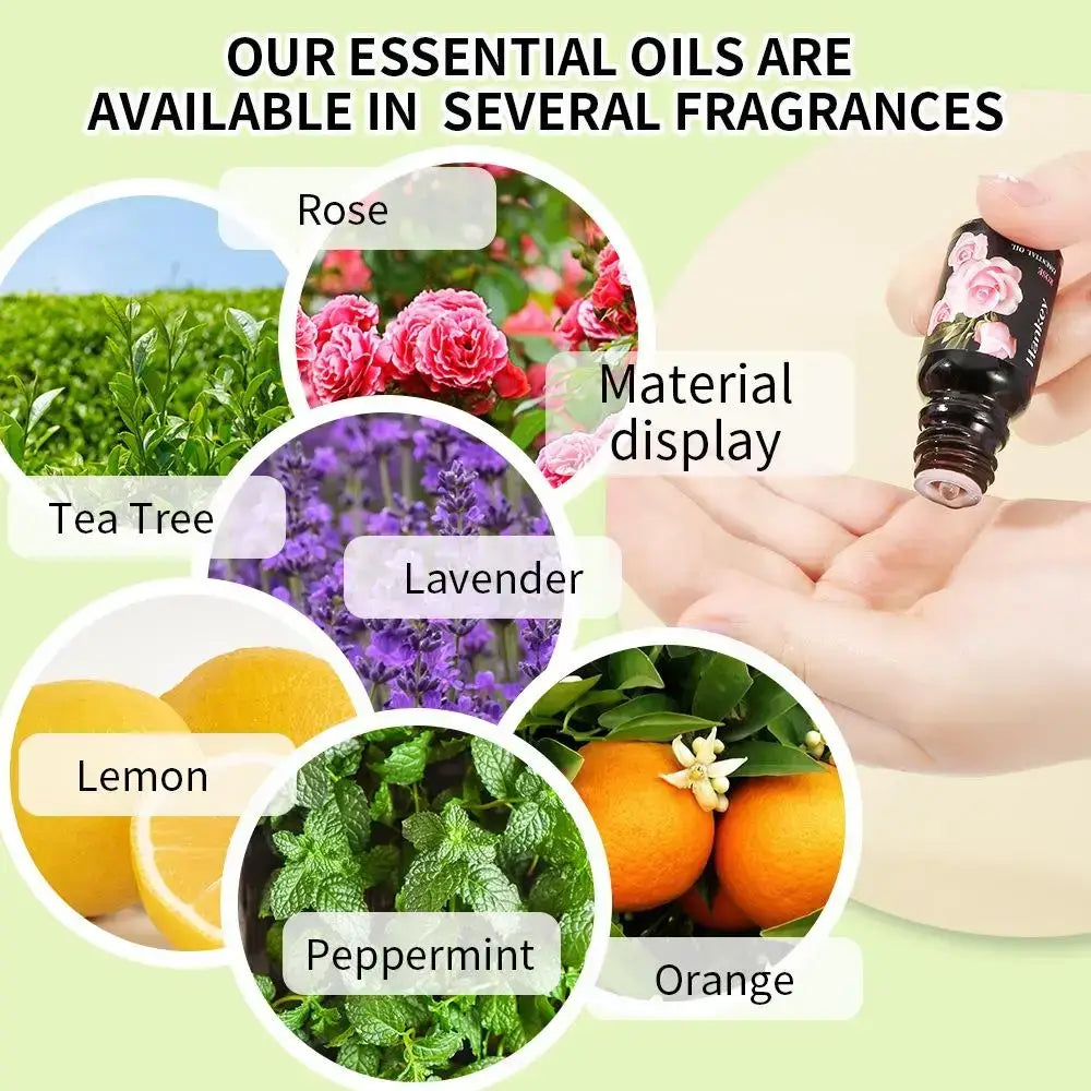 Black glass essential oil bottle with floral label and silver cap held above six aroma diffuser fragrances for stress relief