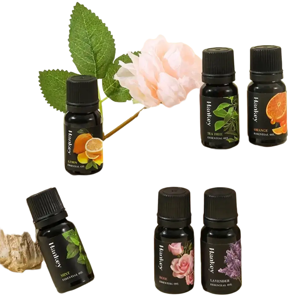 Black glass essential oil bottles with colorful botanical labels for aroma diffusers and stress relief 10ml