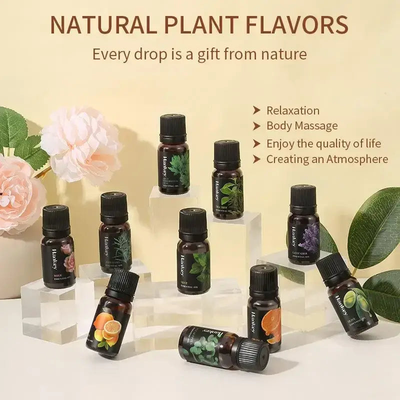 Dark amber glass essential oil bottles with black caps and botanical labels haokey for aroma diffusers and stress relief
