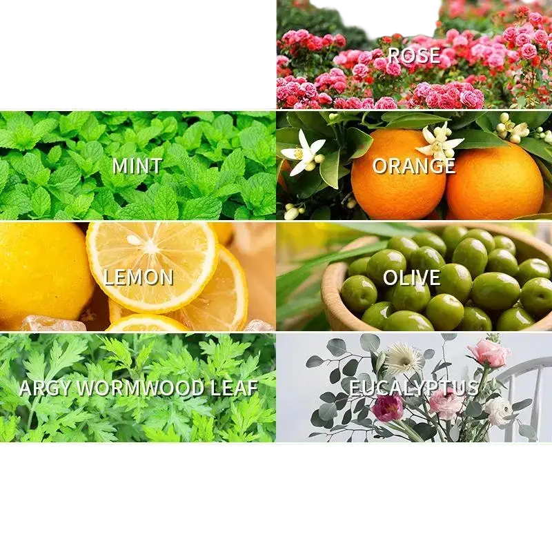 The essential oil for aromatherapy 10ml features a collage of nine labeled botanical elements for stress relief and aroma diffusers