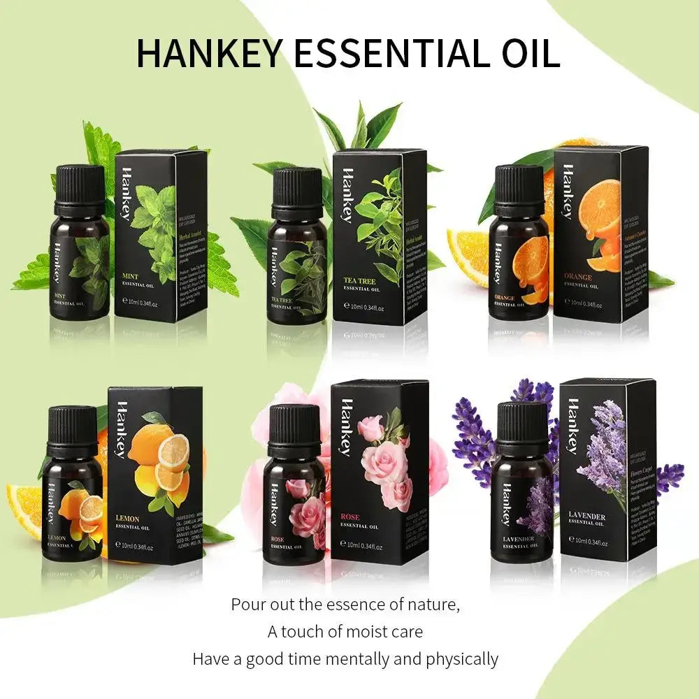 Hankey essential oil bottles in dark glass with botanical boxes for aromatherapy and stress relief in aroma diffusers