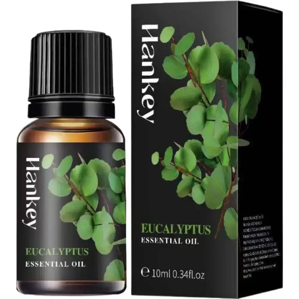 Hankey eucalyptus essential oil 10ml in amber glass bottle with black cap and box for aroma diffusers and stress relief